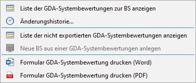 Untermenü GDA-Systembewertung Untermenü GDA-Systembewertung